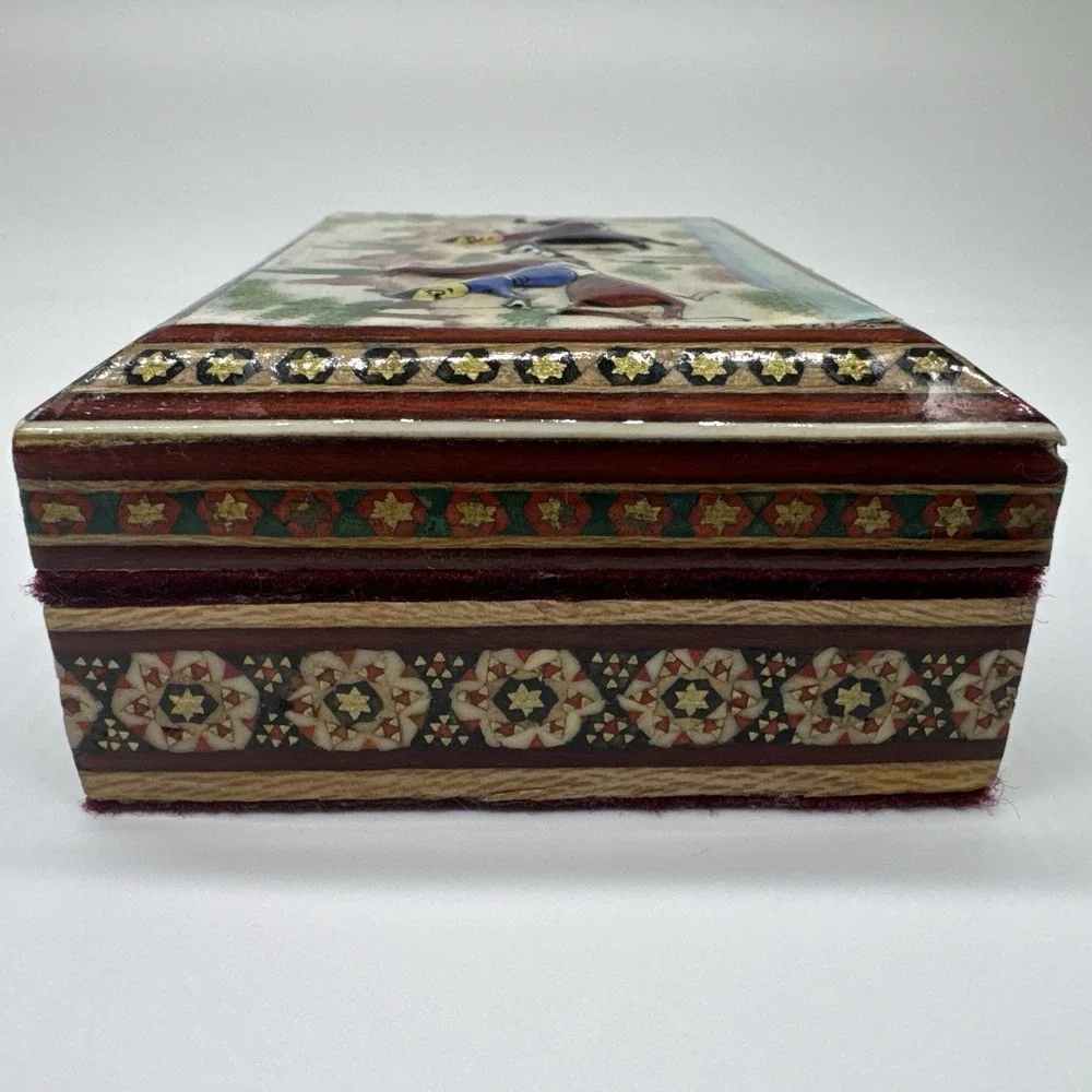 Persian Khatam Wood Trinket Box Hand Made Inlaid With Hunting Scenes On Lid